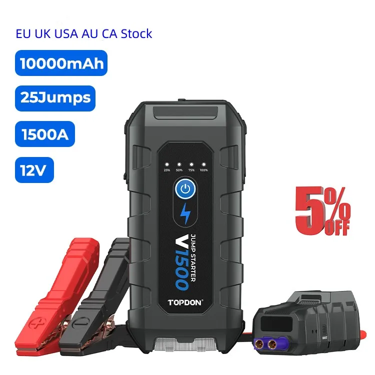 Topdon V1500 12V 1500Amp Peak 10000Mah Booster Dead Battery Multifunzione Jump Pack Power Bank Battery Booster Car Jump Starter