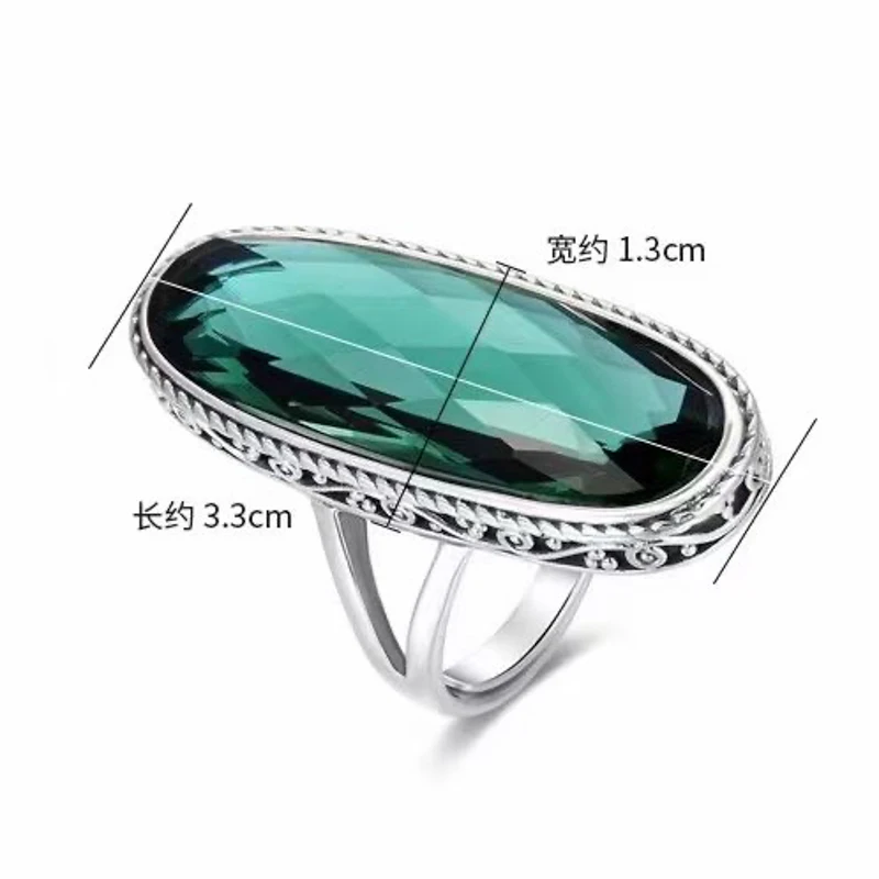 緑色オーバル型シルバーリング 女性のための大きな緑のクォーツリング,スターリングシルバー925