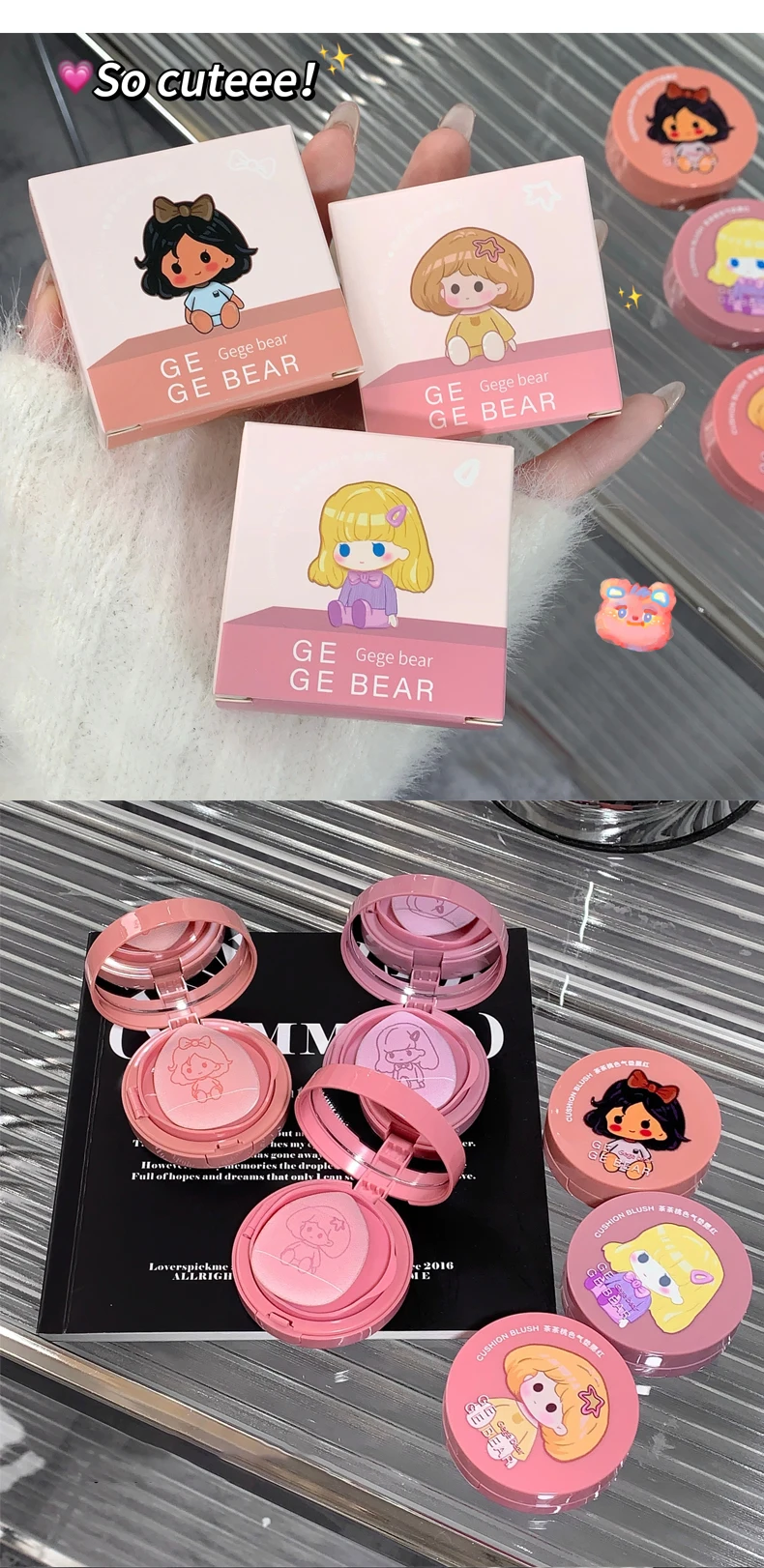 Description Picture 5 of itemCushion Blush Blendable Shade with Powder Puff Whitening without Sticking Long Lasting Gege Bear Makeup Blusher Face Brighten
