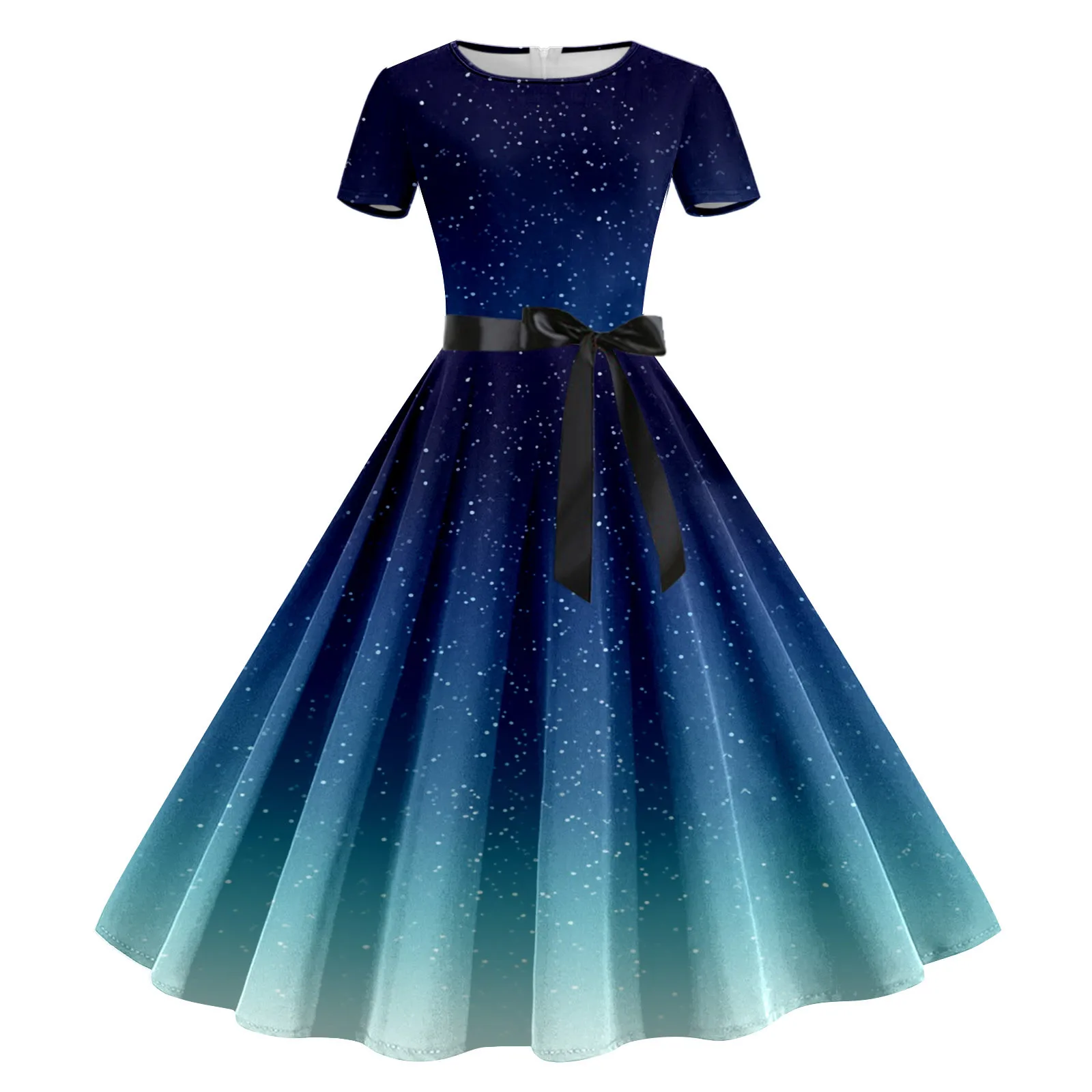 

Women Print Round Neck Short Sleeve 1950s Evening Party Prom Dress Patchwork Bodycon Elegant