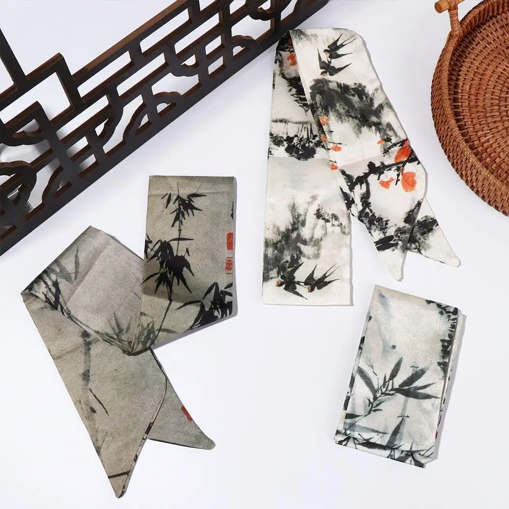 Elegant Long Ink Painting Silk Scarf Minimalist Style Ancient Style Ancient Hair Band Neckerchief Hair Rope Long Silk Scarf Girl