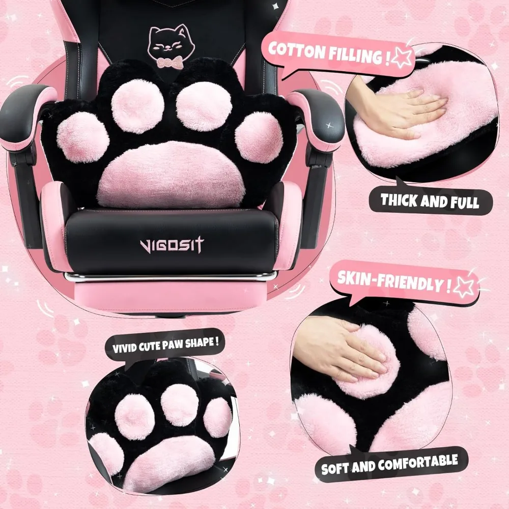 Pink and black cat-themed gaming seat with paw print design and features highlighted: cotton filling, thick and full padding, skin-friendly material, soft and comfortable.