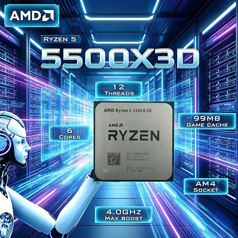 AMD 라이젠 5 5500X3D 3GHz 6코어 12스레드 CPU 소켓 AM4 게이밍용 DDR4 L3 96M 캐시 105W 7nm 프로세스 (쿨링팬 미포함)