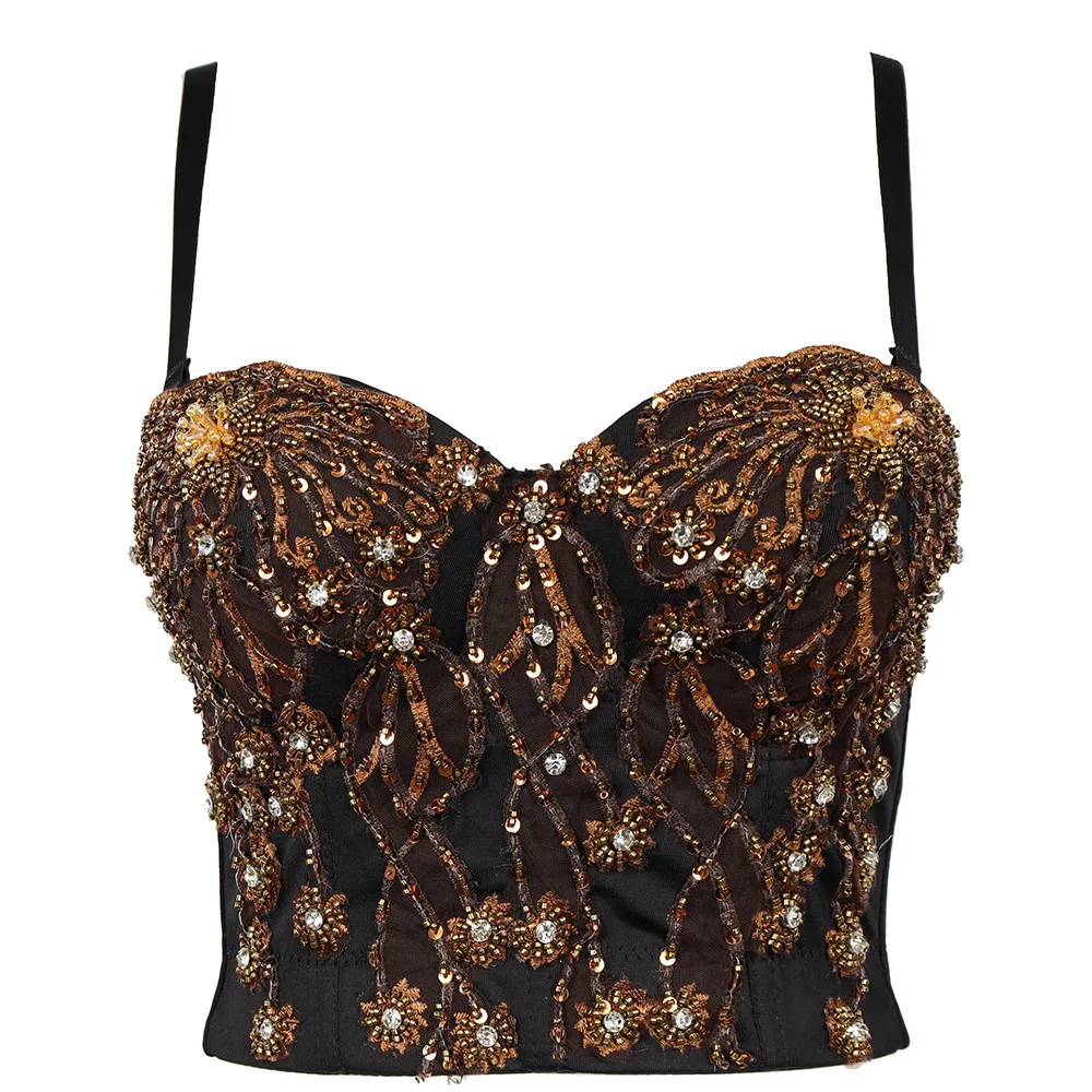 

New Fashion Stretchable Bustier Corset Top Sequined Beading Glitter Cami tops Push Up Women Night Club Party Stage Costume