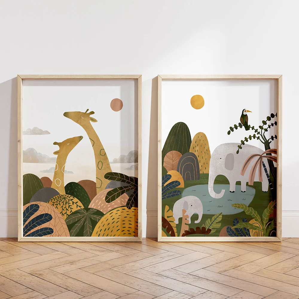 

Wall Art Prints Safari Animals Jungle Giraffe Elephant Bird Canvas Painting Nordic Poster Decor Pictures Nursery Baby Kids Room