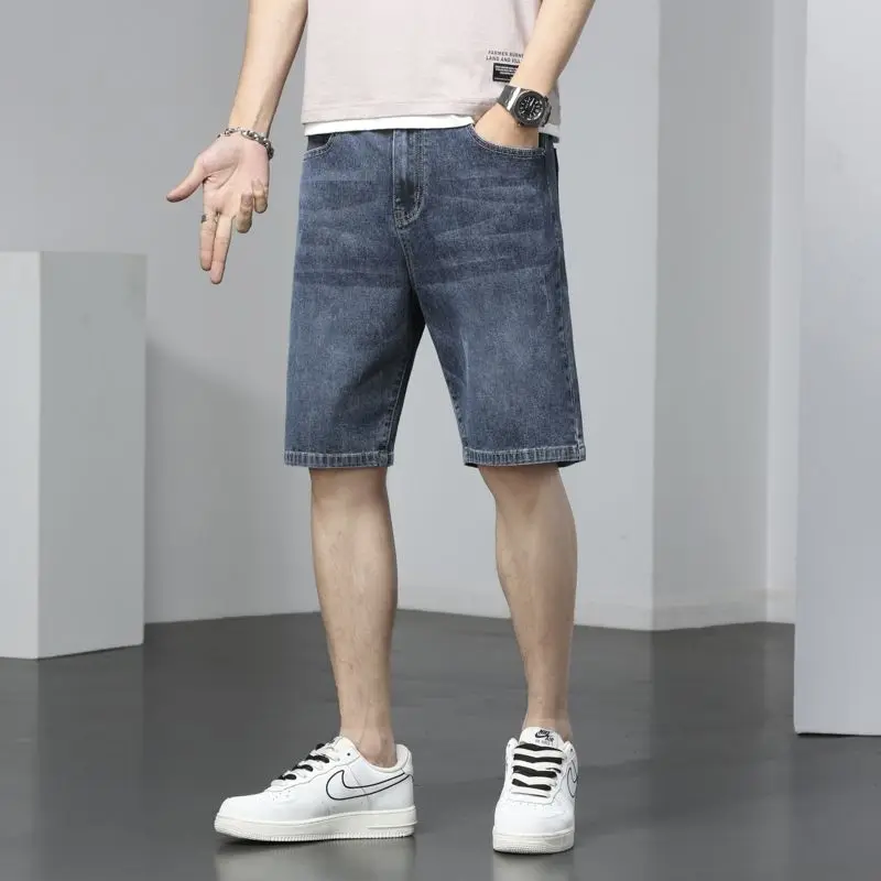 

Summer Multi-pocket Shorts Jeans Men's Working Casual Knee Length Trousers Trend Loose Large Size Straight Denim Shorts Y100
