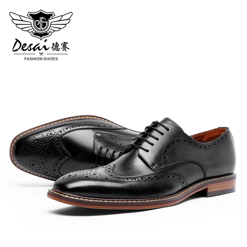 DESAI genuine leather business formal Derby shoes thick soled height increasing leisure shoes brogue carved handmade men's