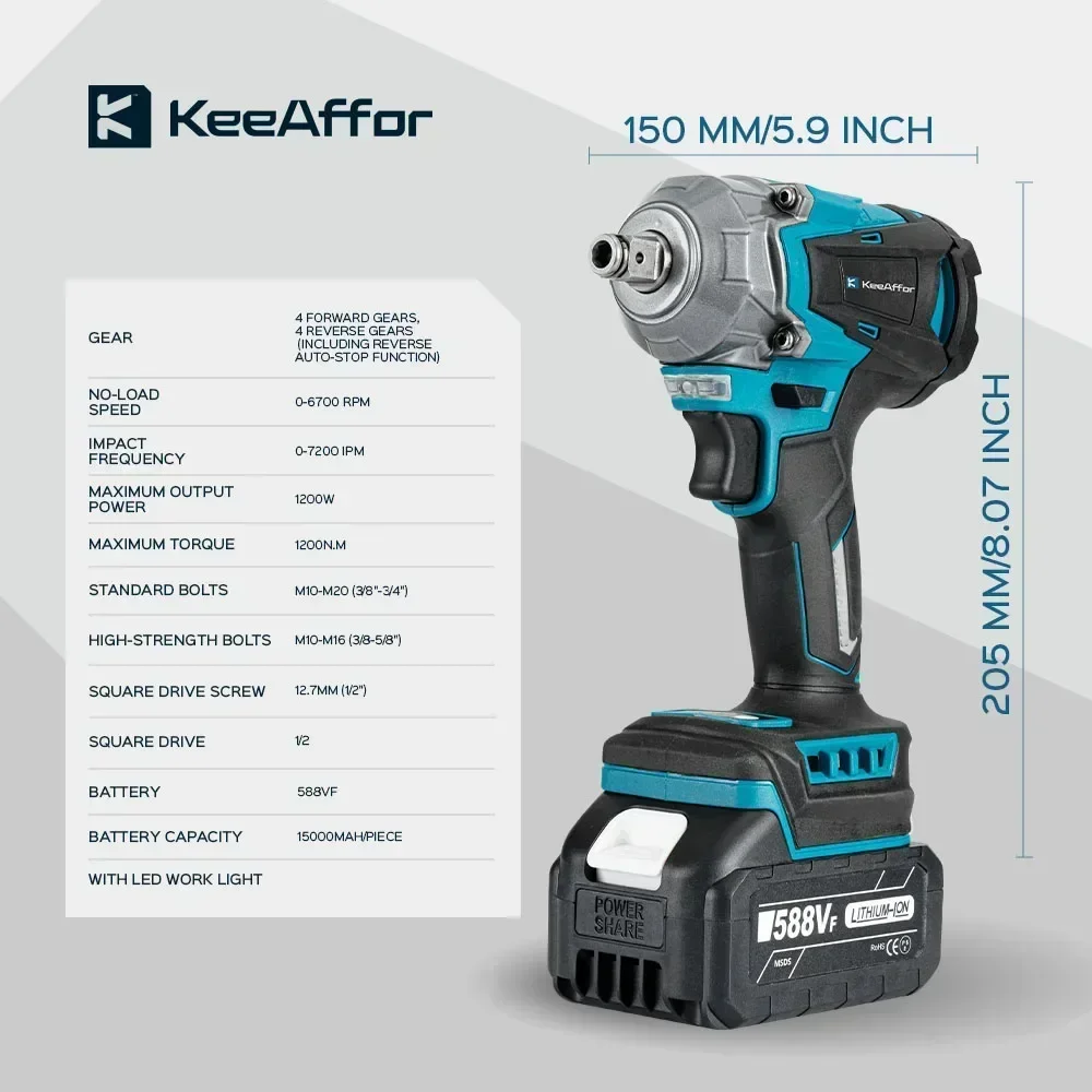 KEEAFFOR 1200N.M Brushless Electric Impact Wrench 1/2 Inch Cordless Electric Screwdriver Drill Power Tool For Makita 18V Battery 3