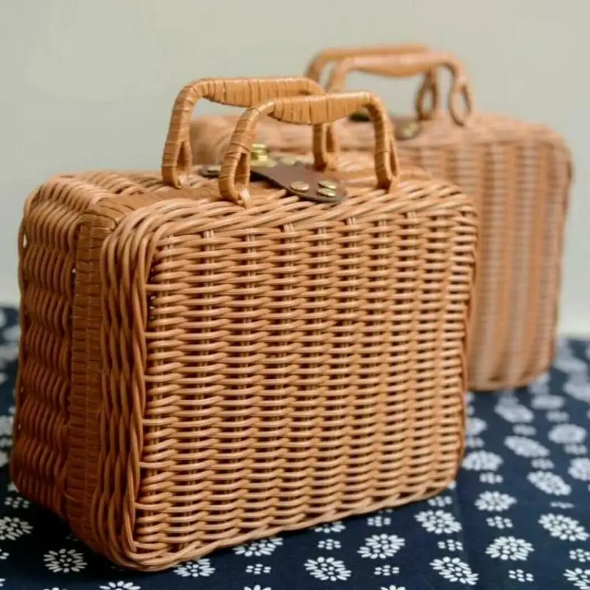 1Pcs Portable PP Rattan Baskets Picnic Storage Basket Retro Wicker Suitcase Woven Hand Gift Box Sundries Cosmetic Organizer Boxs