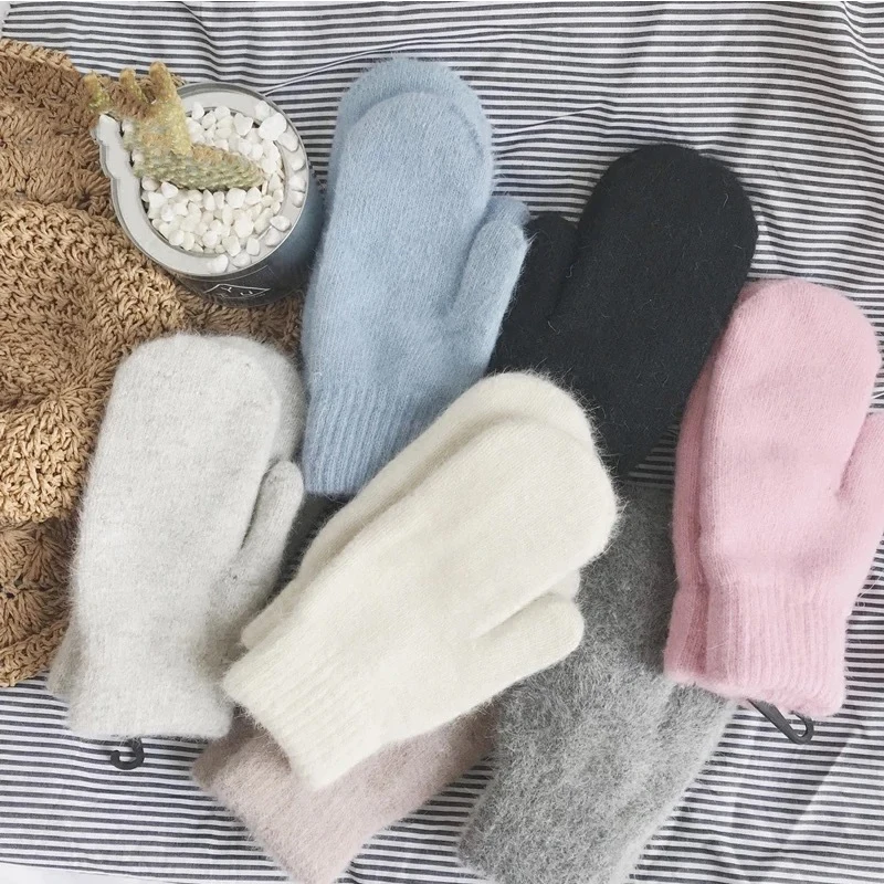 

Double-layer rabbit hair gloves female winter Korean version of solid color all fingers winter women gloves girls mittens