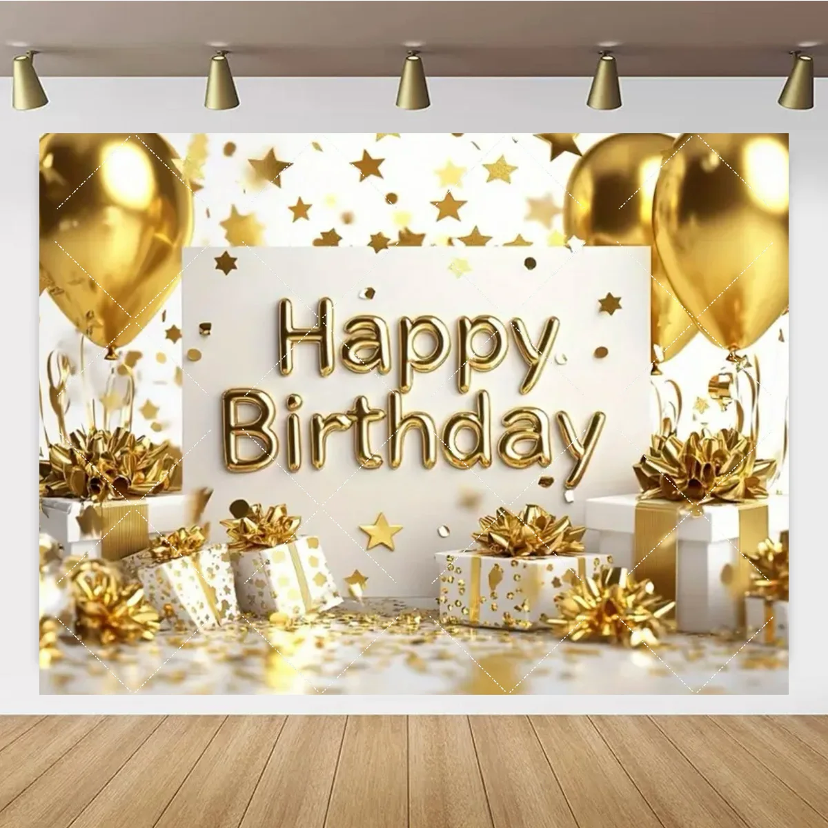Geburtstagsparty-Hintergrund, goldener funkelnder Ballon, Kuchenstand, Banner, Poster, für Erwachsene und Kinder, Party-Dekoration, Geschenk-Requisiten – Detail 9