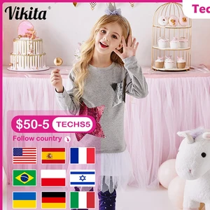 VIKITA Girls Sequins T shirt Children Long Sleeve Patchwork Tees Toddlers Autumn Winter Spring Casual Wear Children Clothing