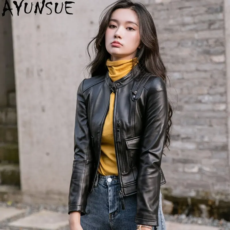 

AYUNSUE Genuine Leather Jacket Women 2023 Real Sheepskin Coat Slim Leather Jackets Woman Black Short Leather Coats Hot Sale SGG