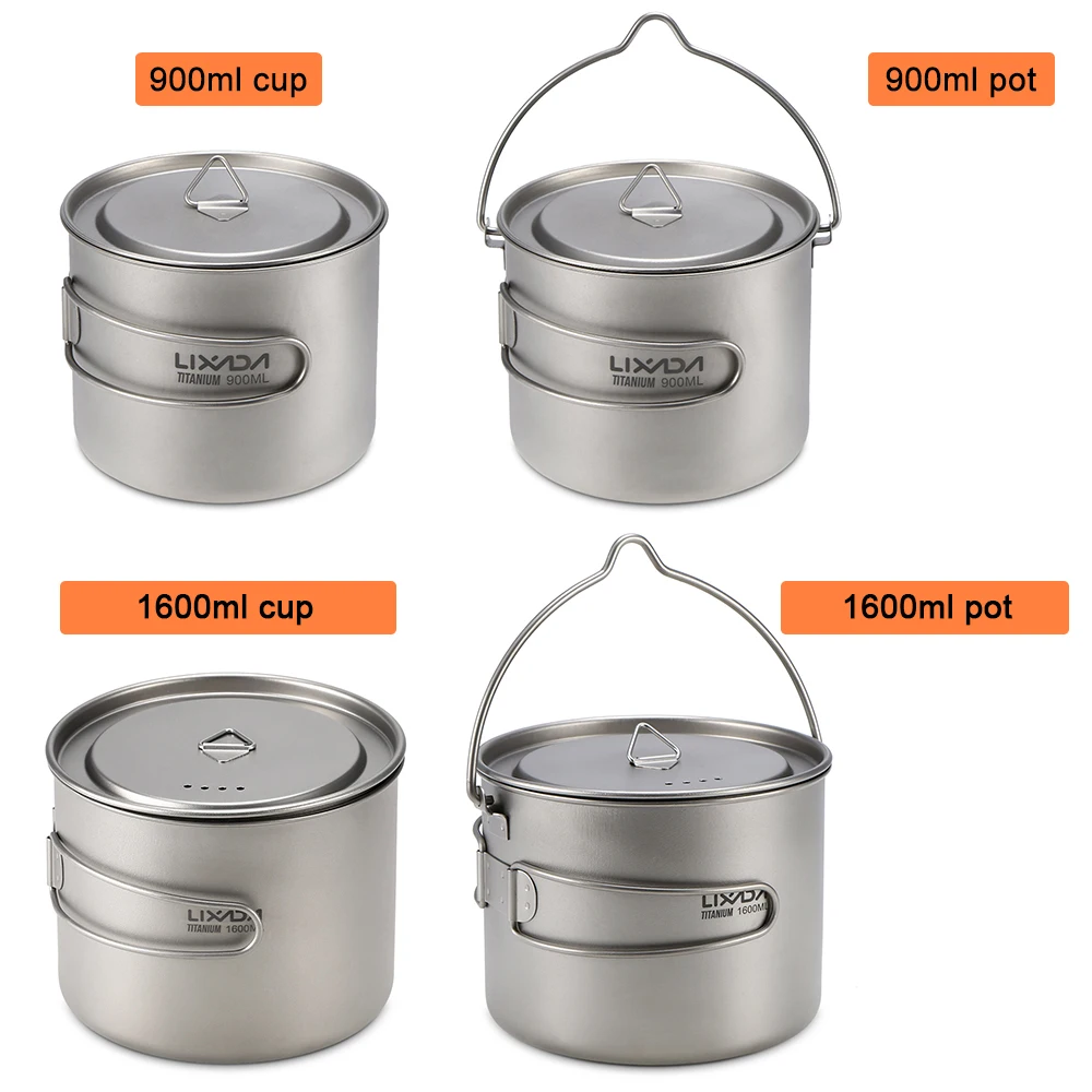 Lixada 1600ml Titanium Pot Ultralight Portable Hanging Pot with Lid and Foldable Handle Outdoor Camping Hiking Backpacking 5