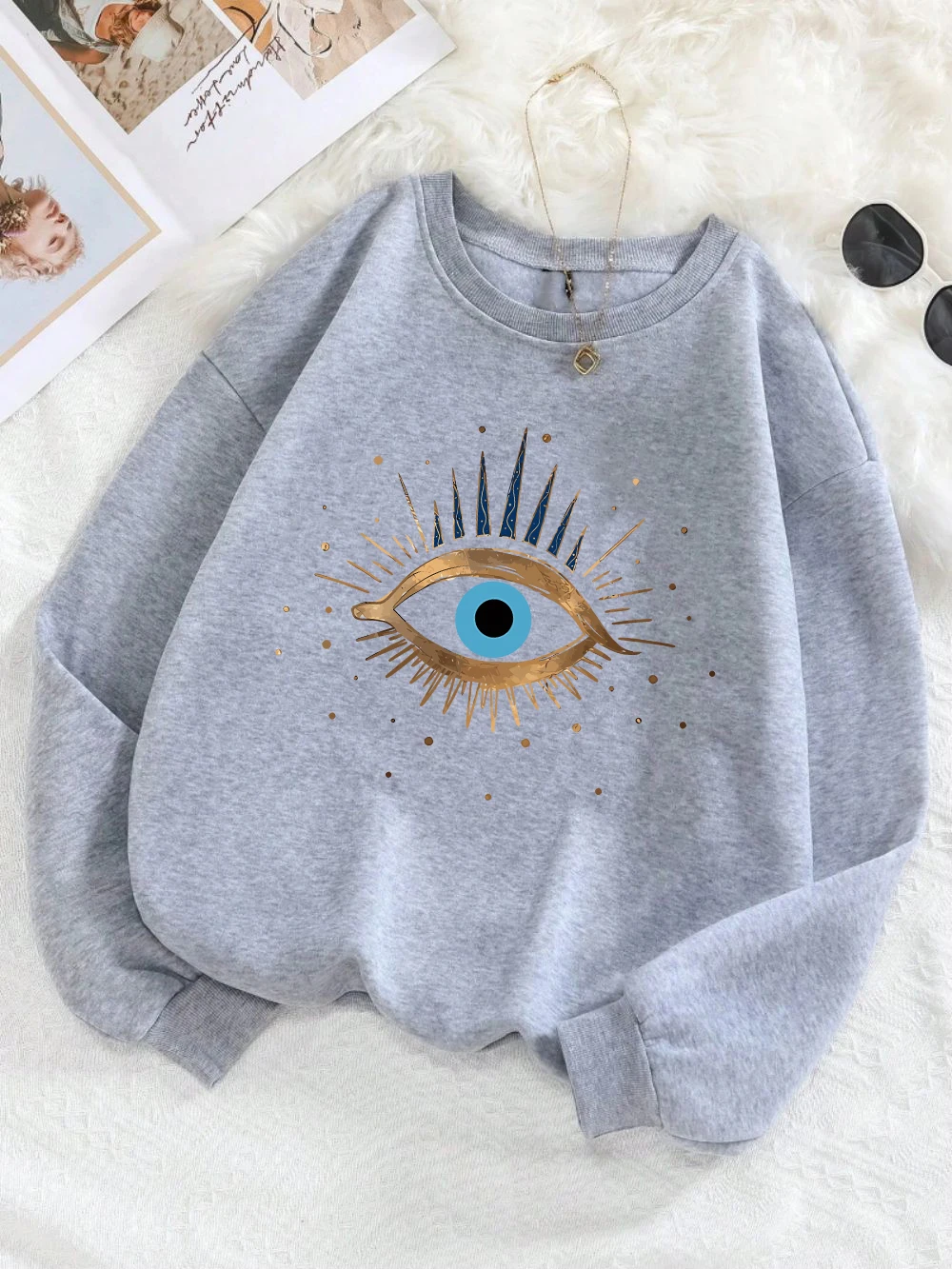 Casual Womens Sweatshirt Vintage Devil's Eye Prints Pullover Soft Breathable Loose Crewneck Hoodie Autumn Winter Female Clothing
