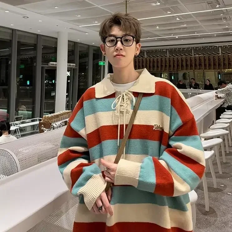 Polo neck sweater men's autumn and winter new trend handsome and versatile striped knit shirt niche design trendy brand y2k tops