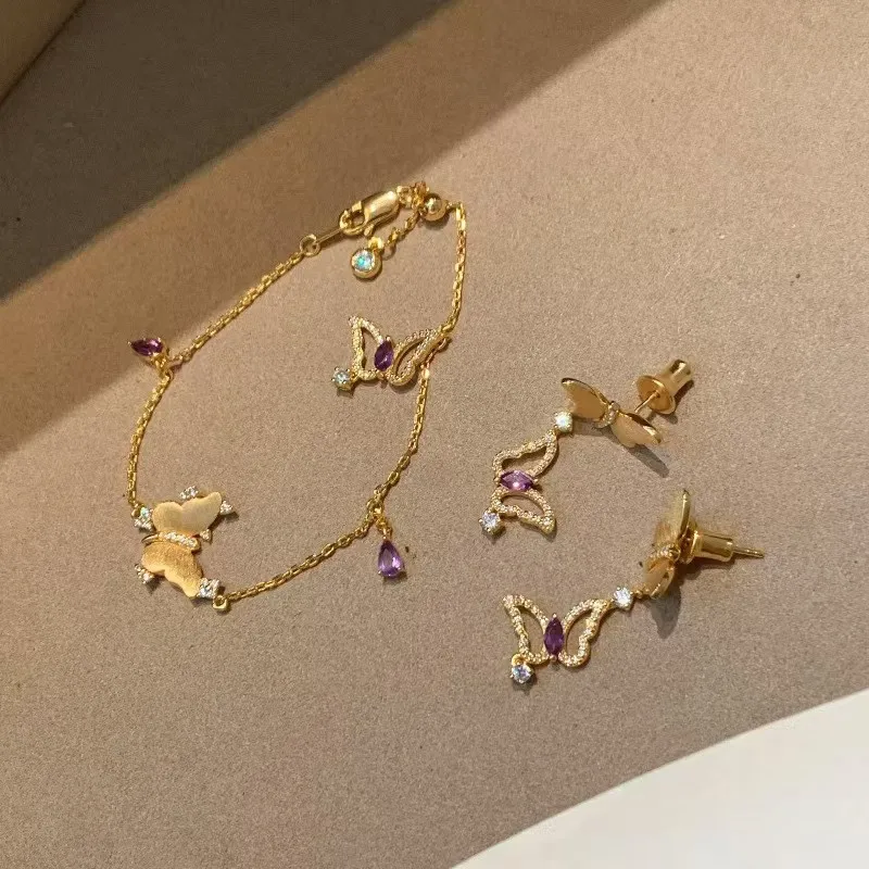 مجموعة مجوهرات وأقراط على شكل فراشة من الزركون الأرجواني المعدني القديم للنساء، إكسسوار حفلات يومي فريد من نوعه