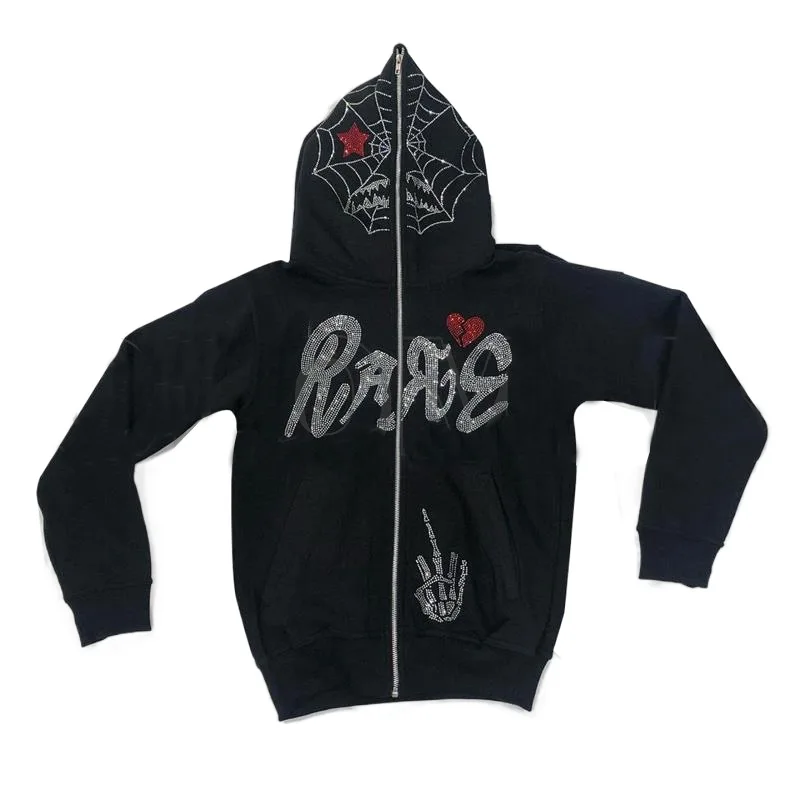 

Summer New Y2K Vintage Spider Web Patted Men's Rhinestone Decoration Zipper Loose Sweatshirt Ins Style Casual Hoodie for Men
