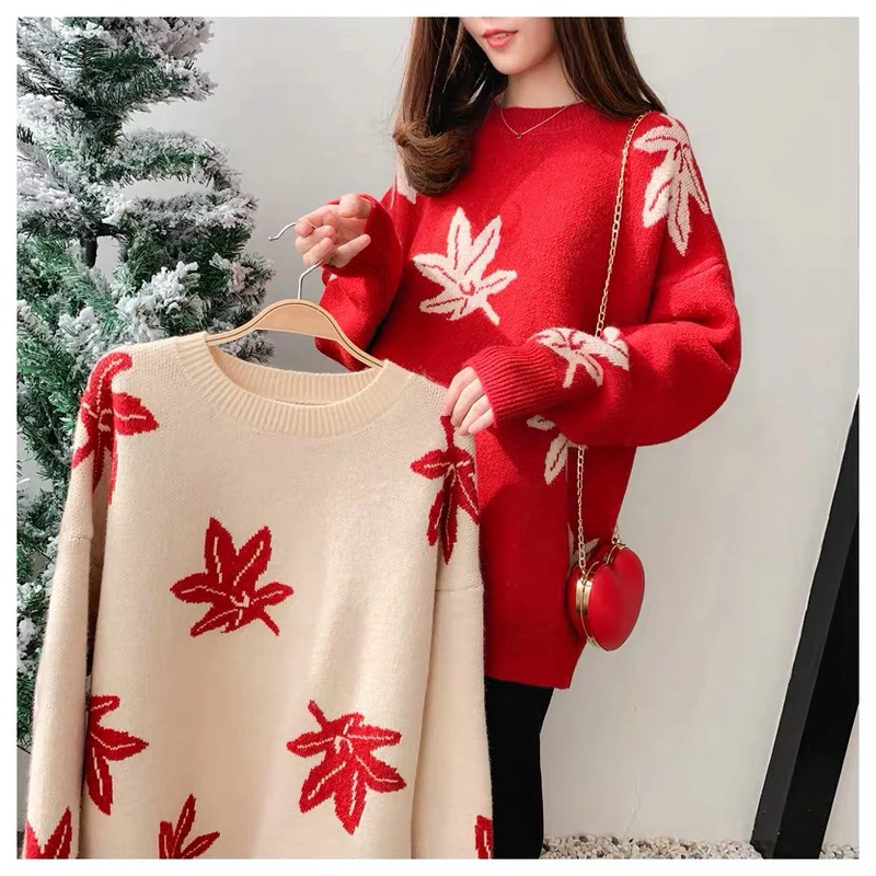 

Abrini Women Printing Red Pullover Knitwear Loose Top Trending Sweater Autumn and Winter Lazy Wind Round Neck