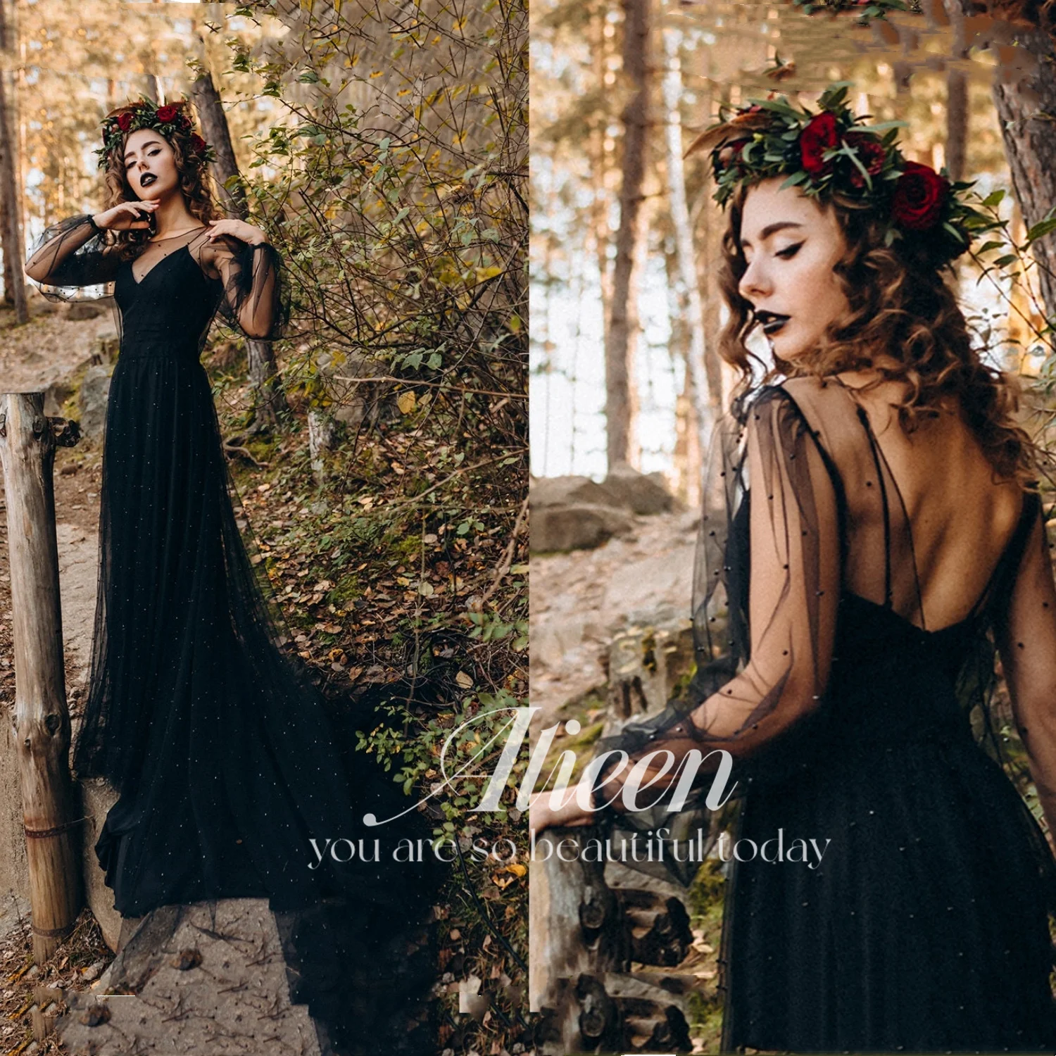 

Aileen Black Wedding Dress Sexy V Neck Long Sleeves Boho Bridal Dress Gothic Wedding Dress