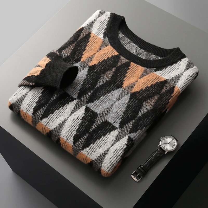 New Men 100% Pure Cashmere Wool Soft Sweater O-neck Twisted Contrasting Pullover Autumn Winter Casual Thick Basis Large Size Top 3