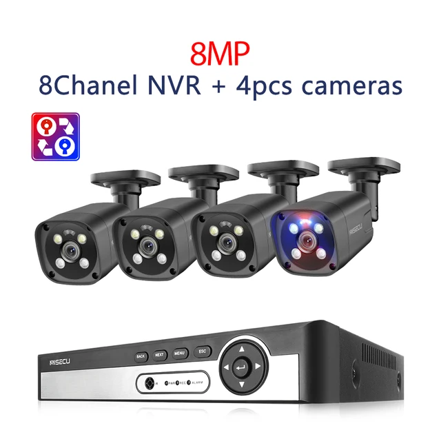 Misecu Ultra HD 4K Security Camera System 8CH NVR POE AI Camera 5MP 8MP Face Detect Outdoor Color Night Video Surveillance Set 8CH NVR 4PCS CAM 8MP