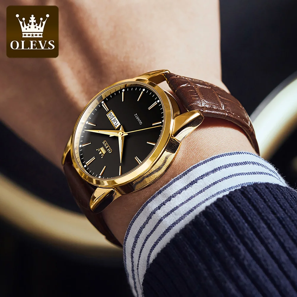 OLEVS 6898 Watch For Men Simple Week Calendar Display Quartz Leather Wristwatch Original 30M Waterproof Luminous Man Dress Watch