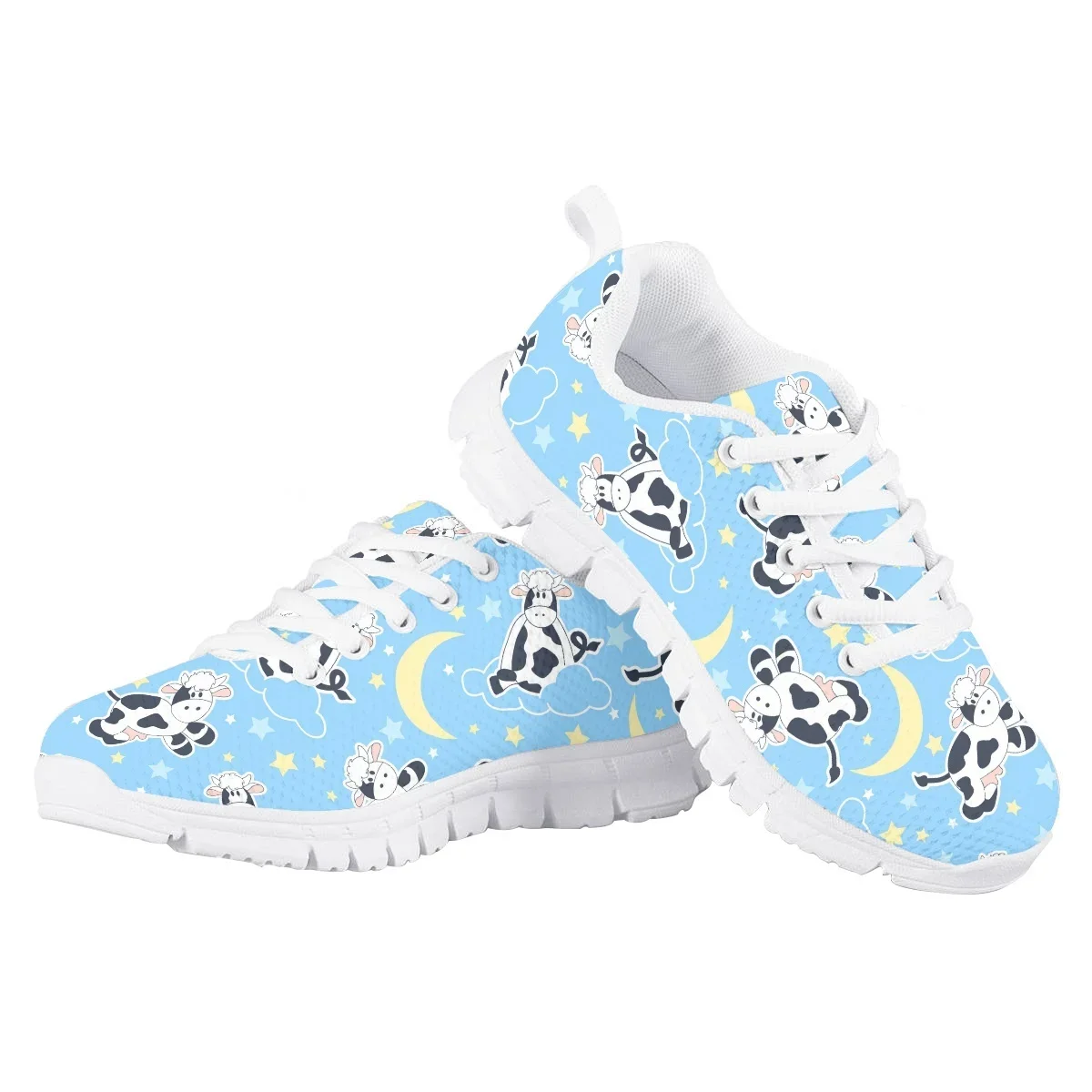 Cute Sleeping Cow Cartoon Design Kids Flat Shoes Comfortable Lace Up Mesh Sneakers For Children Unisex Casual Zapatillas