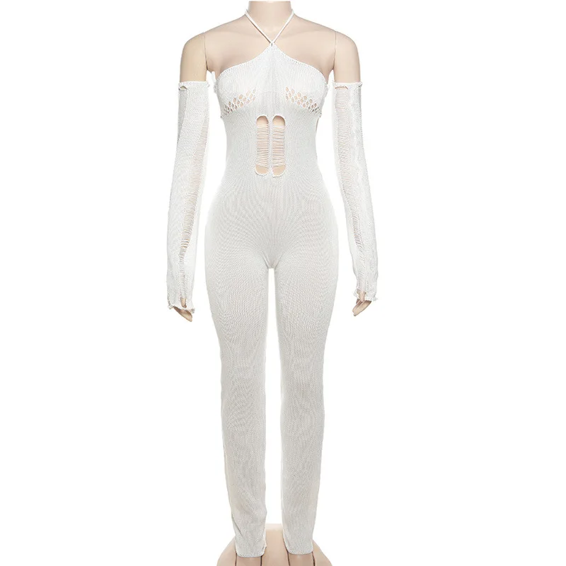 Slim-Fit Halter Strap Knitted Long-Sleeved Jumpsuit Autumn Women's Solid Color Microbomb Hollow-Out Sexy Style Jumpsuit
