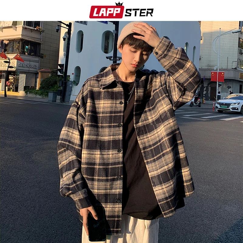 

LAPPSTER Y2k Flannel Harajuku Oversized Plaid Shirt 2023 Vintage Korean Fashions Button Up Shirts Long Sleeve Vintage Blouses