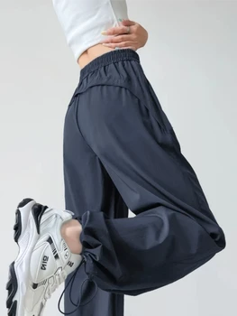 2026 Summer Women Ice Silk Quick Dry Sports Pants Cool Feeling Loose Slim Draped Straight Leg Casual Cargo Wide Leg Trousers