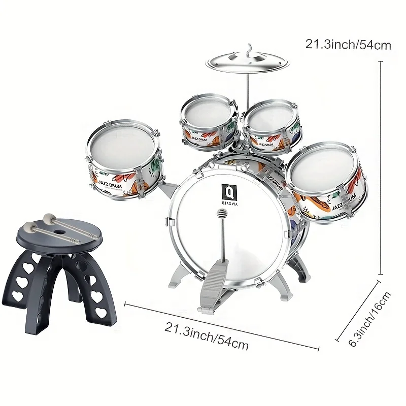 Kids Drum Set Toddler Jazz Drum Kit Toys with Stool Pedal Percussion Musical Instruments Drum Toy Early Education Gift for Boys 2