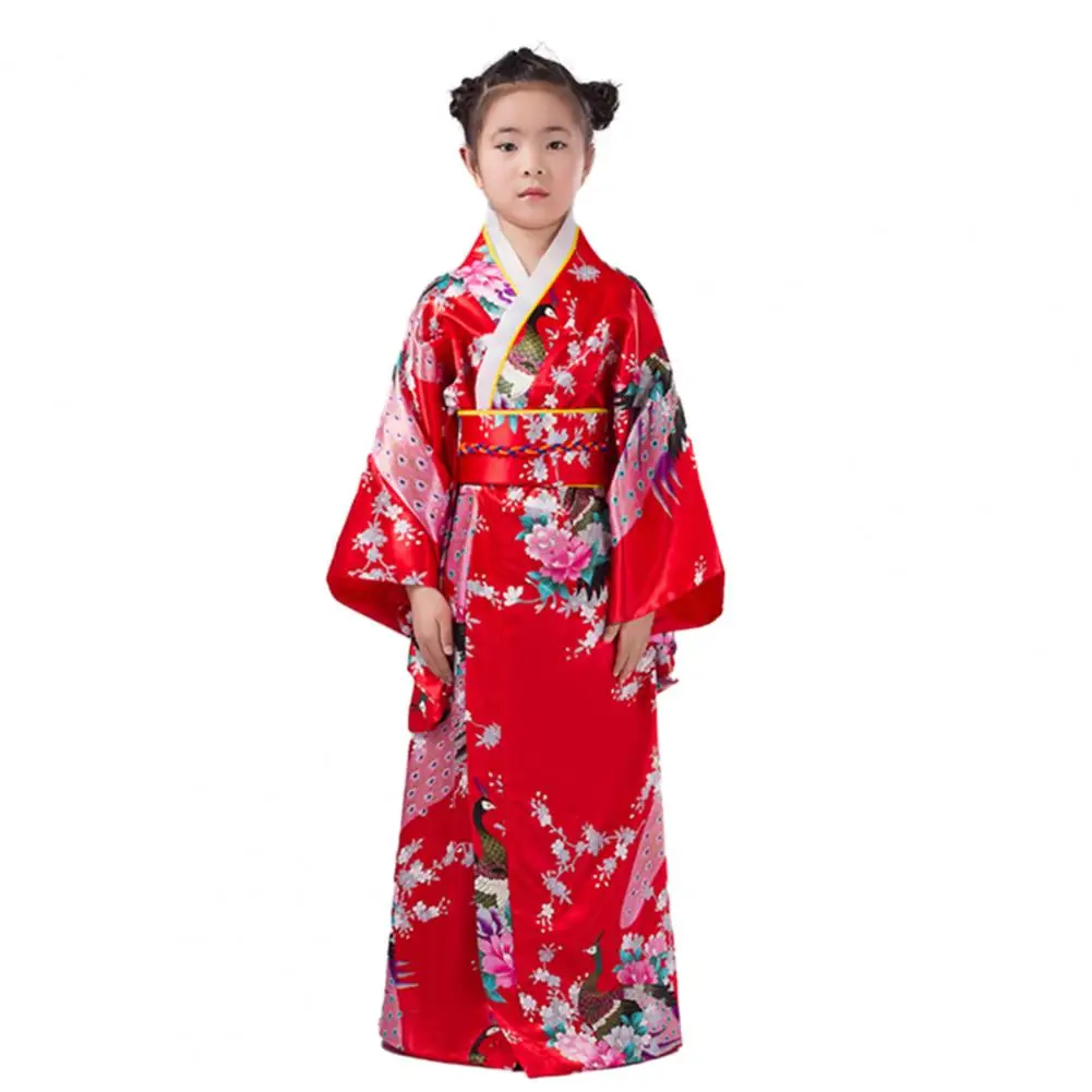 Elegant Japanese Girls Traditional Kimono Pajama Vibrant Colors Floral Peacock Print Japan Kimono