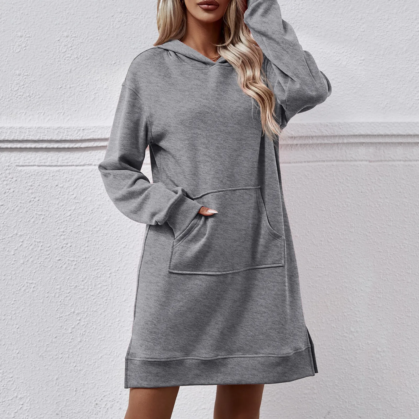 

Women Fashion Hoodies Dress Fall Winter Solid Color Pocket Sweatshirt Korean Hoodies Casual Long Tops Oversized Pullovers Femme