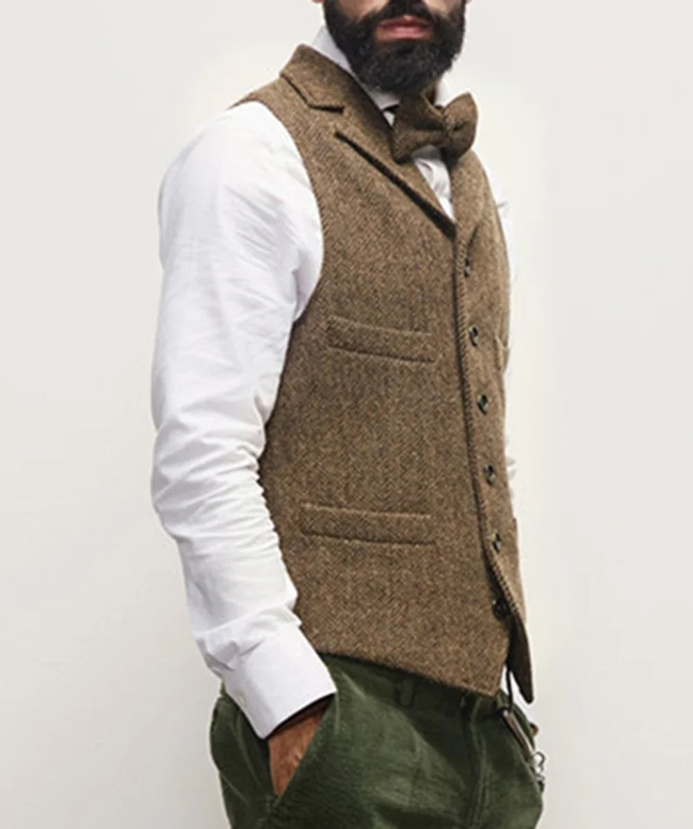 Description Picture 2 of item2024 Mens Vest Classic Brown Suit Wool Tweed Notch Lapel Waistcoat Herringbone Groomsmen Winter Coat For Wedding