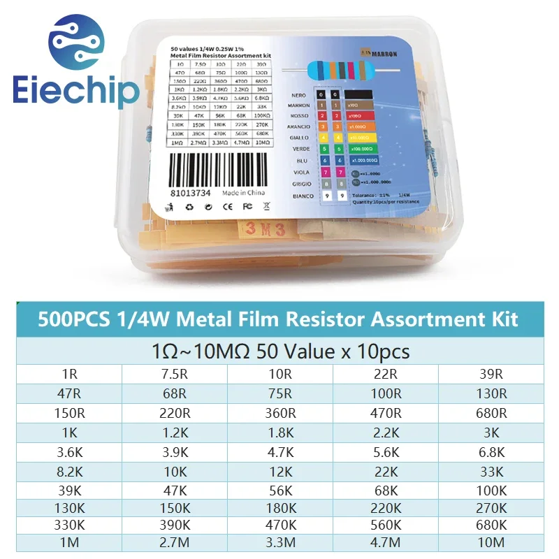 Metal Film Resistor Metal Film Resistors 500pcs/lot 50 values 1/4W 0.25W 1% Metal Film Resistor Assortment Kit Set 1R-10mR 1ohm-10Mohm resistor samples kit