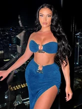  Hugcitar Sexy Strapless Crop Tube Top High Waist Slit Maxi Dress 2 Pcs Suits 2022 Fall Women Fashion Streetwear Vestido Y2K 