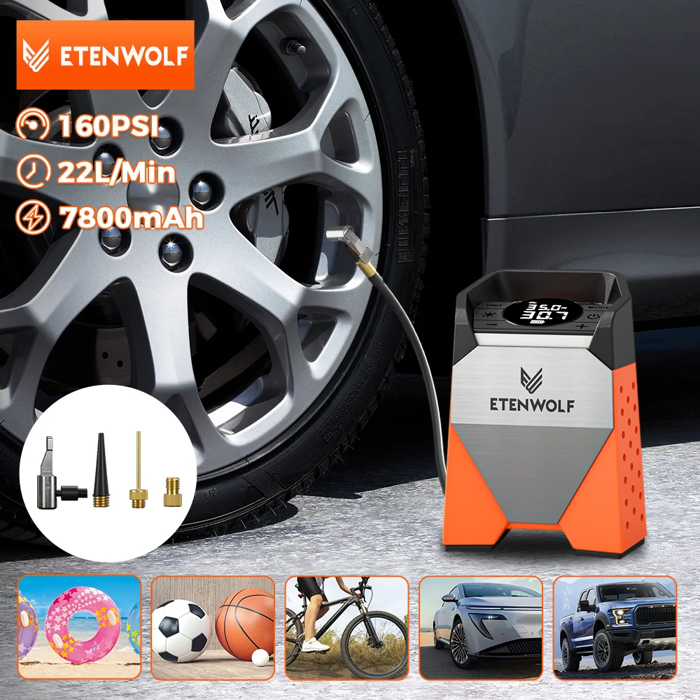 ETENWOLF ZEPHYR S3C Portable Air Compressor 100% Duty Cycle Car Tire Inflator 7800mAh for Cars, Motorcycles, Bicycles Balls 1