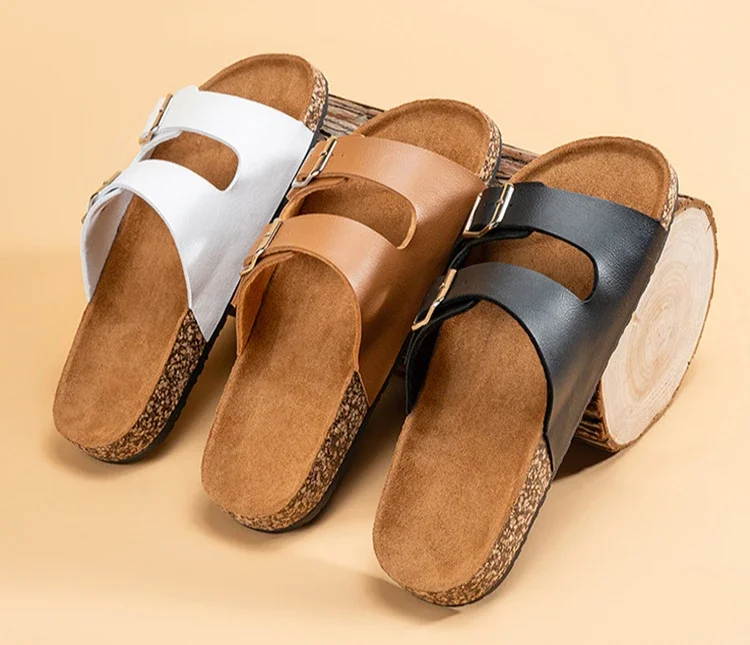 Womens Flat Sandals Cork Footbed Slides Open Toe Slip on