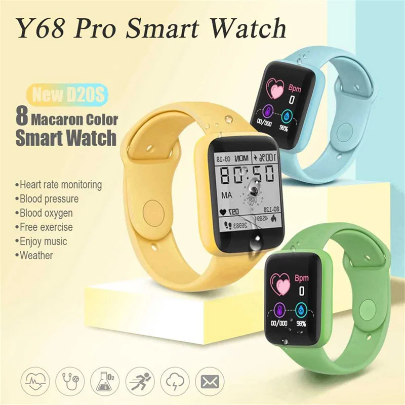Y68 Pro Smart Watch Bluetooth Fitness Tracker Bracelet Sport Heart Rate Blood Monitor D20 Macaron Kid's Smartwatch For Xiaomi