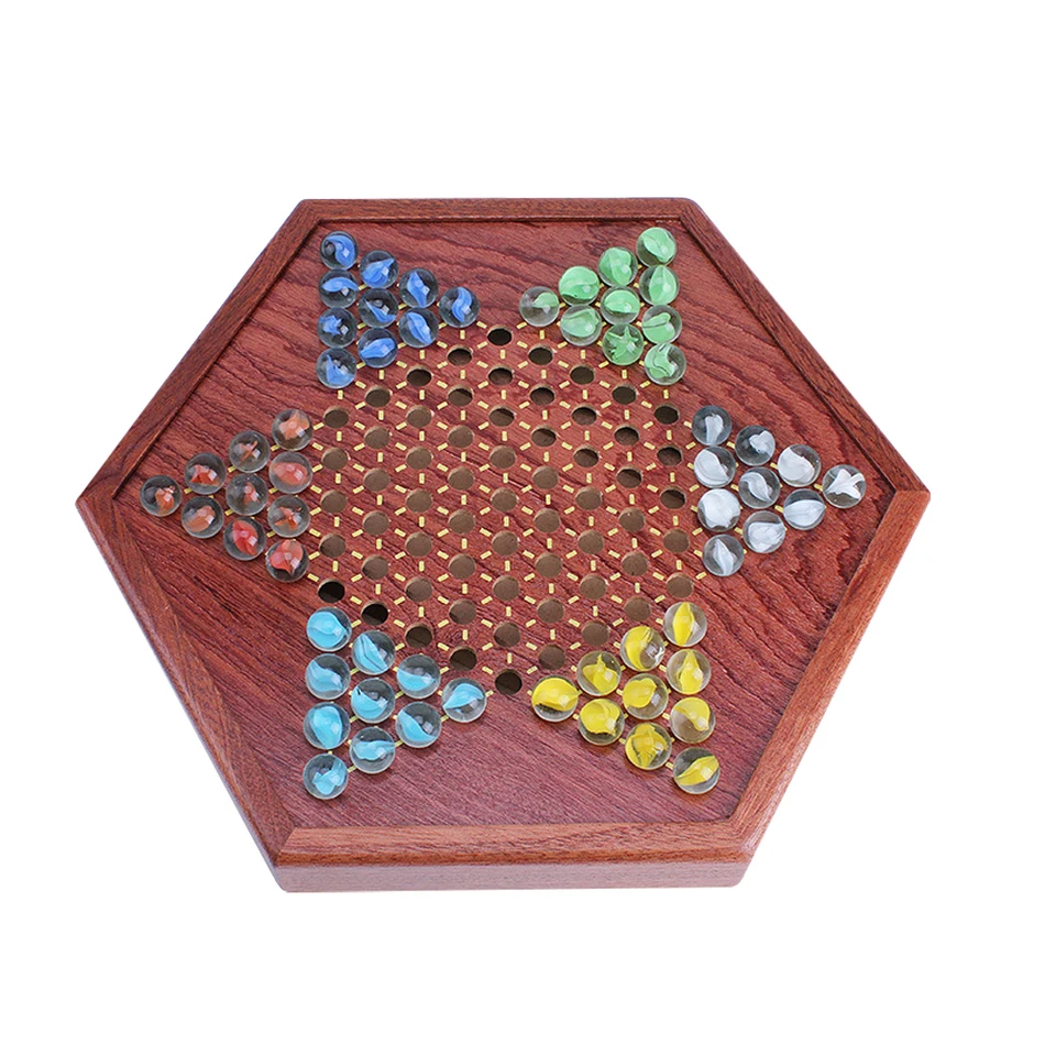 Jeu De Dames Chinoises En Bois - Plateau Hexagonal, Perles De Verre Colorées - Jeu De Société Familial