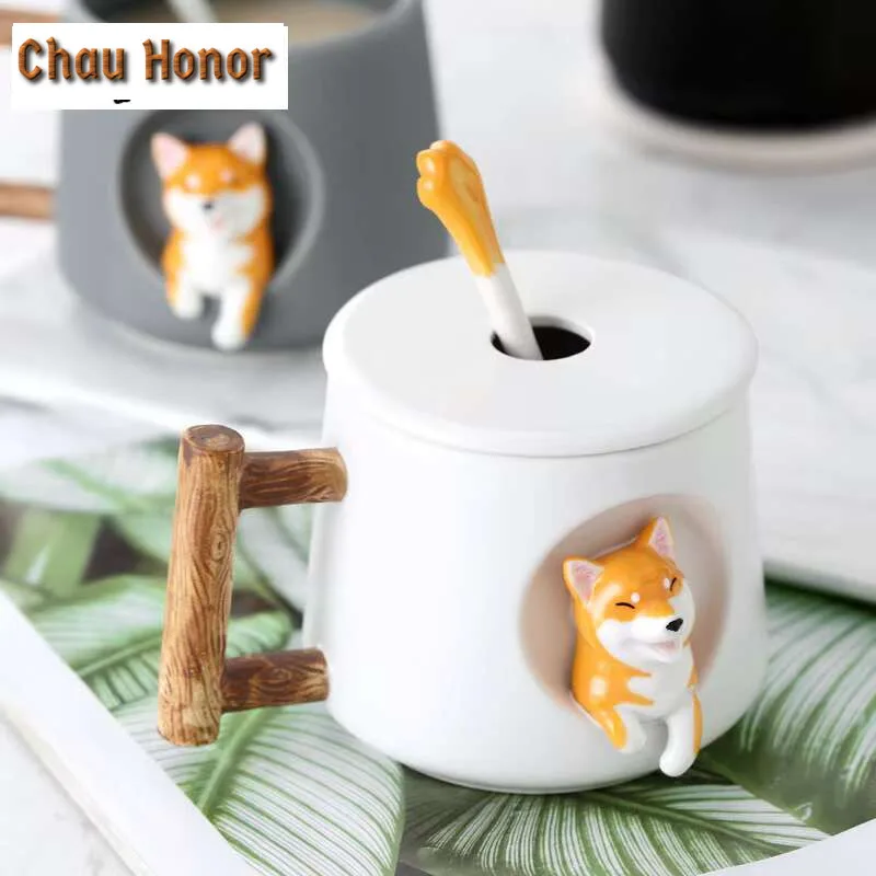 Cartoon Ceramic Mug Cute 3D Shiba Inu Pattern With Lid Spoon Girls Favorite Gift Brew Milk Tea Couple Drinking Water Coffee Cup