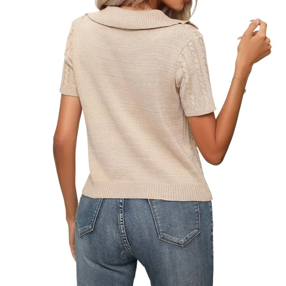 Women Short Sleeve Twist Knitted Loose Tshirt Tops