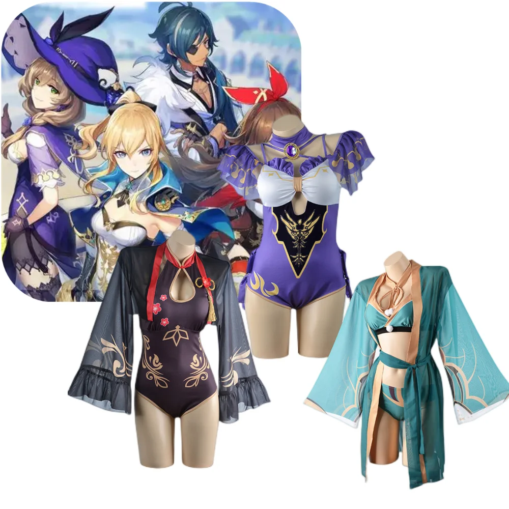 

Game Genshin Impact Hu Tao Cosplay Costume Summer Swimsuit Lisa Kimono Hina Bikini Beach Set