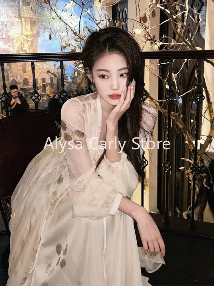 

Cheongsam Vintage Floral Dress Women Elegant Korean Style Patchwork Slip Dress Female Casual Party Long Fairy Dress Autumn 2024