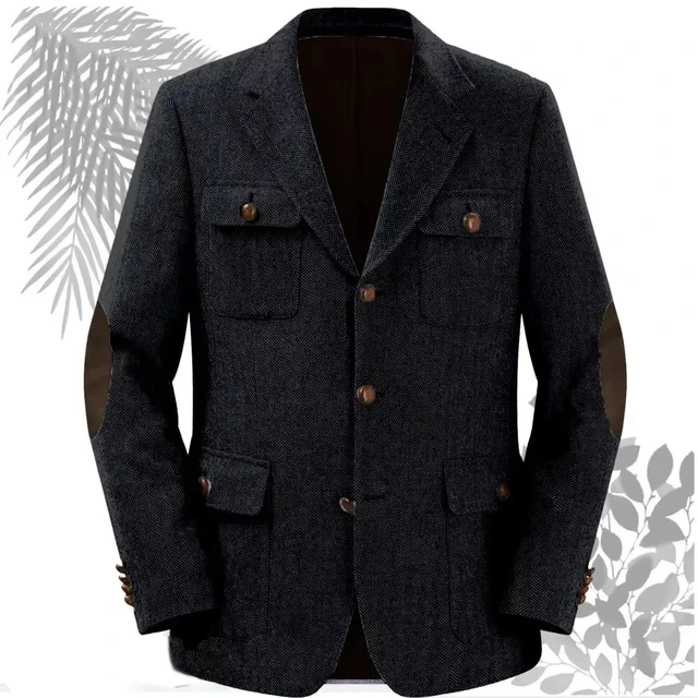 1 Pieces Navt Blue Tweed Wool Herringbone Jacket Single Breasted Wedding Slim Fit Men Suit Blazer Sets Luxury Coat For Men 2