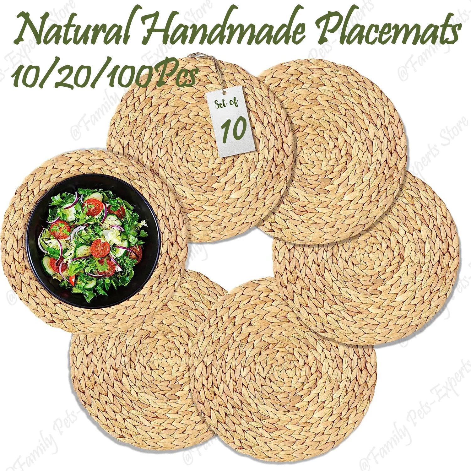 

10/20/100Pcs Round Woven Placemats Rattan Table Mats Handmade Natural Water Hyacinth Placemats for Farmhouse Table décor