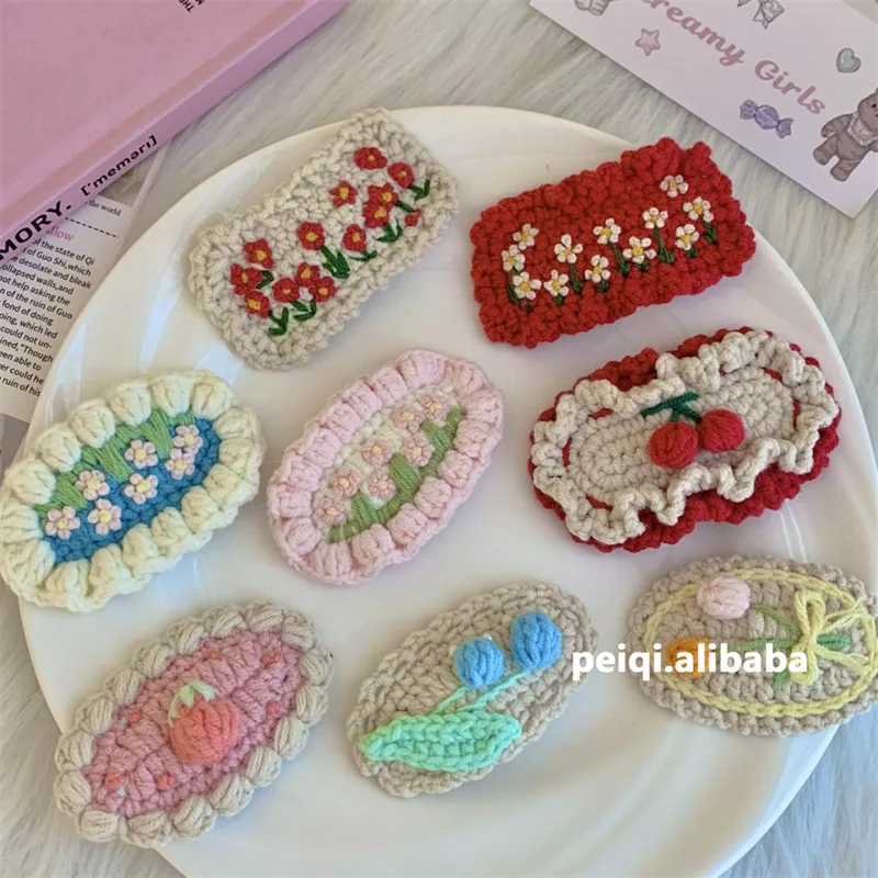 

Sweet Cute Cartoon Pastoral Hairpin Girl Handwoven Wool Flower Knitting Children's Bb Hairpin Girl Girl Hair Accessoires