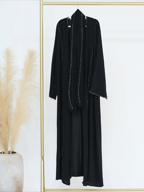 Abaya avec écharpe pour femmes musulmanes, ensemble 2 pièces, cardigan long, robe longue décontractée, caftan, fête du Ramadan, caftan modeste