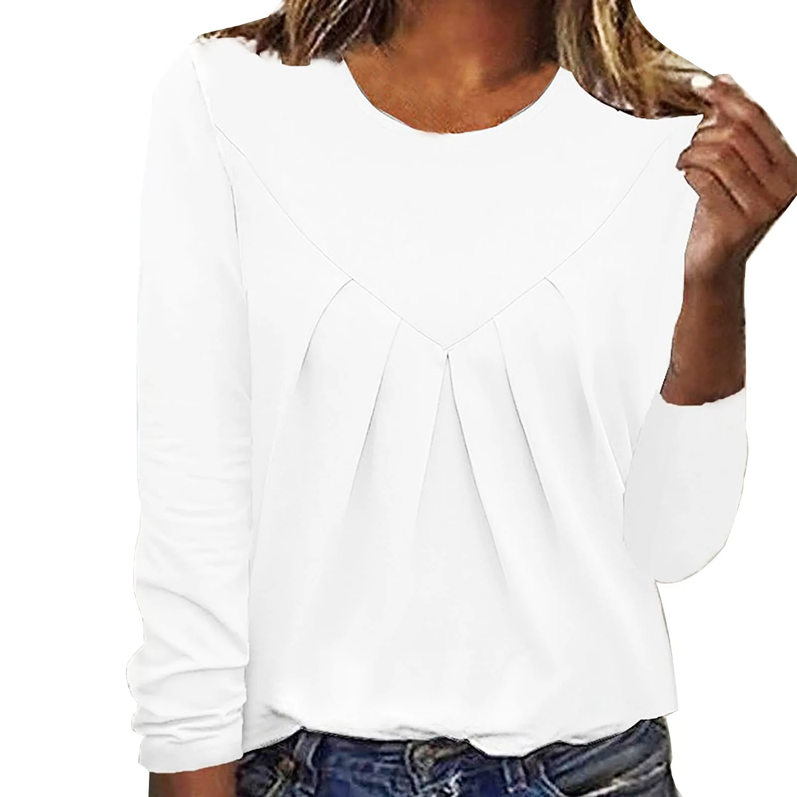 Women Ruffle Long Sleeve Solid Color Loose Pleated Tshirt